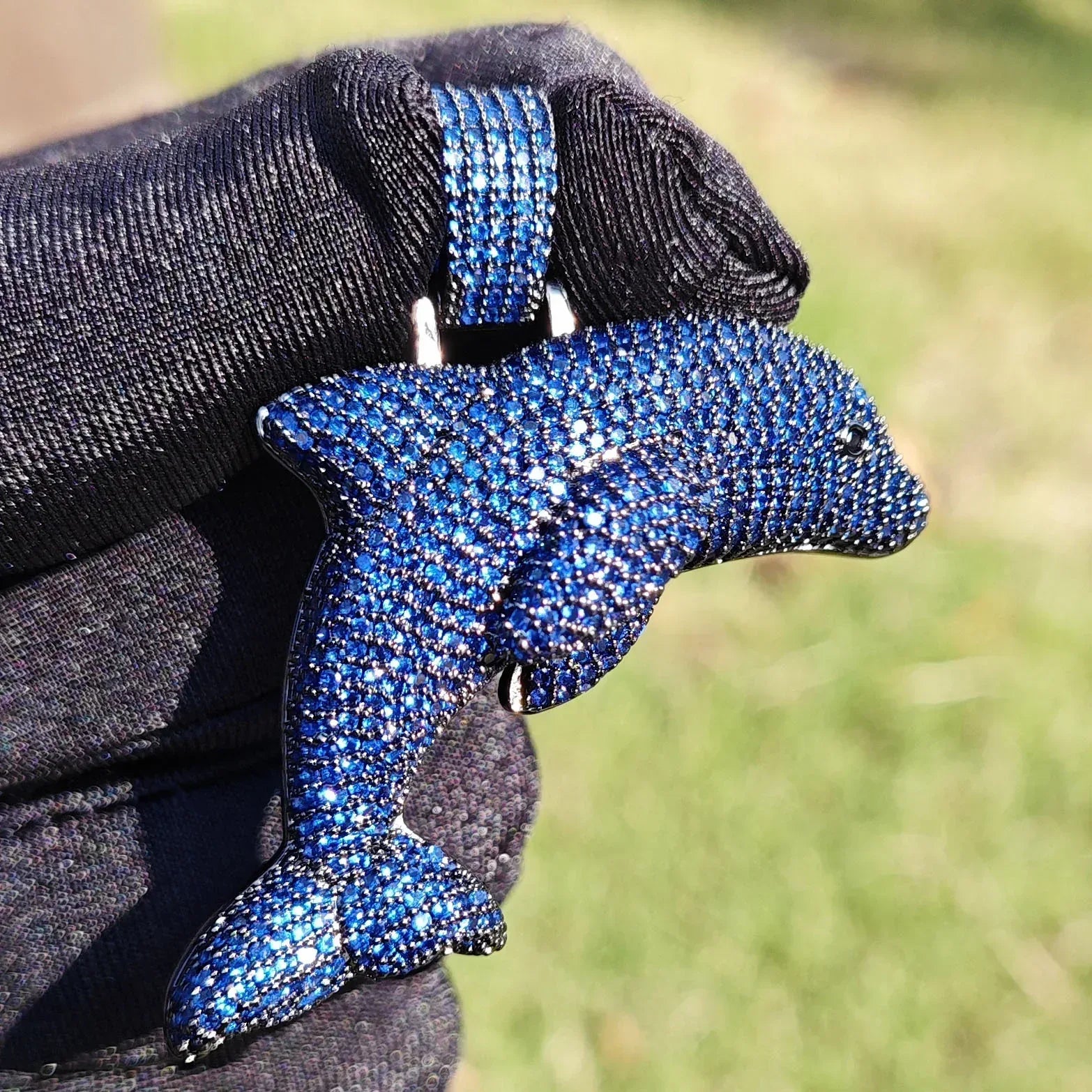 Iced Out Blue CZ Dolphin Pendant Necklace – Hip Hop Animal Jewelry for Men, Trendy Street Style - CaratixJewelry